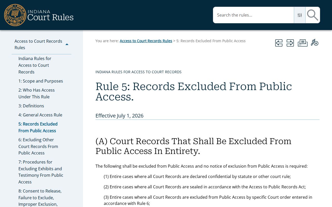 Indiana Access Rule 5 page for records excluded from public access