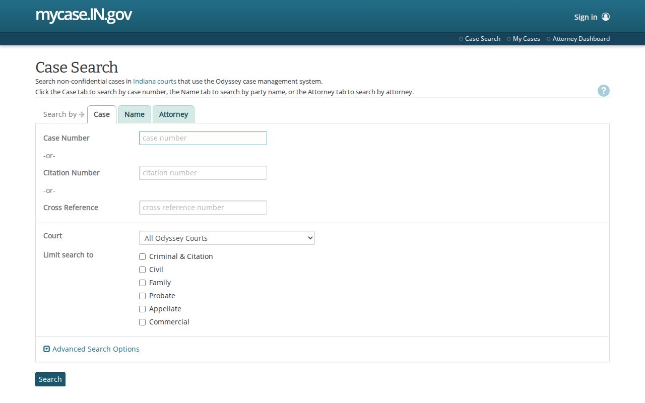 Indiana MyCase public case, party, and attorney search interface
