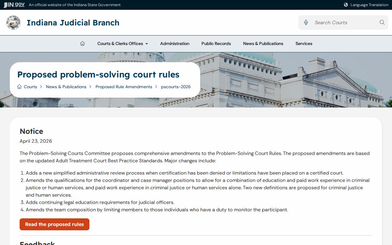 Indiana judiciary proposed problem-solving court rules page