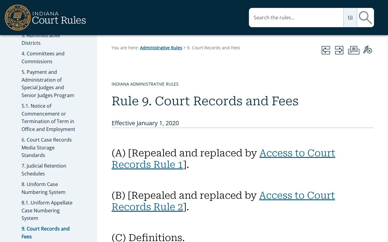 Indiana Administrative Rule 9 page governing daily calendars and court records