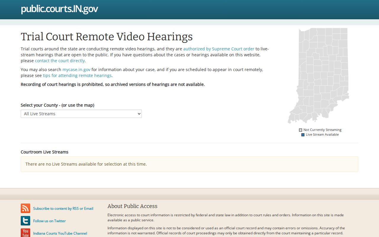 Indiana Court Streams county and court selector for public hearings