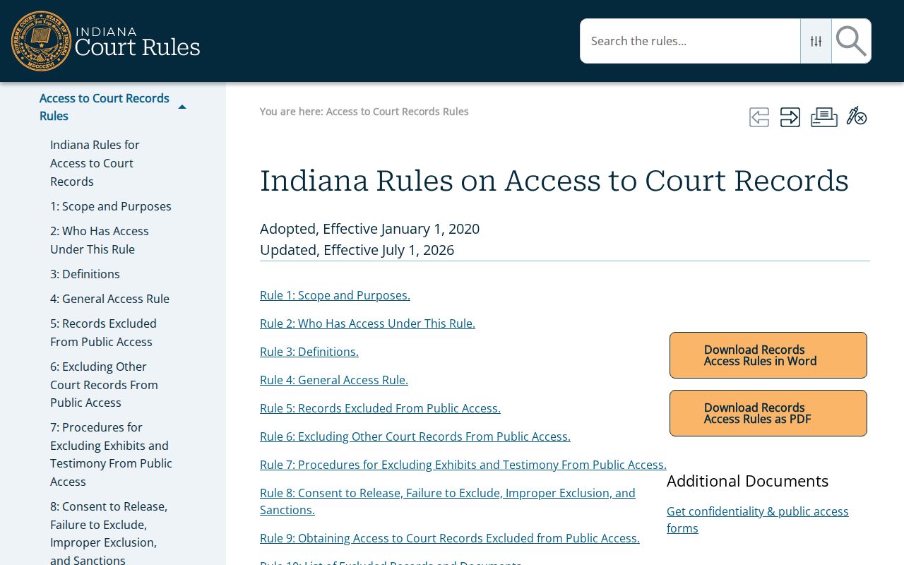 Indiana Rules on Access to Court Records navigation page