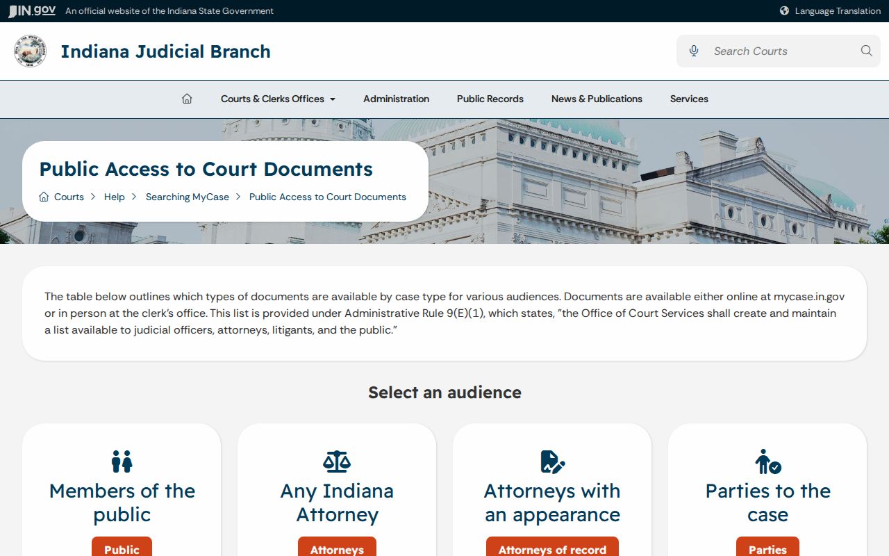 Indiana MyCase court document access matrix for public, party, and attorney users
