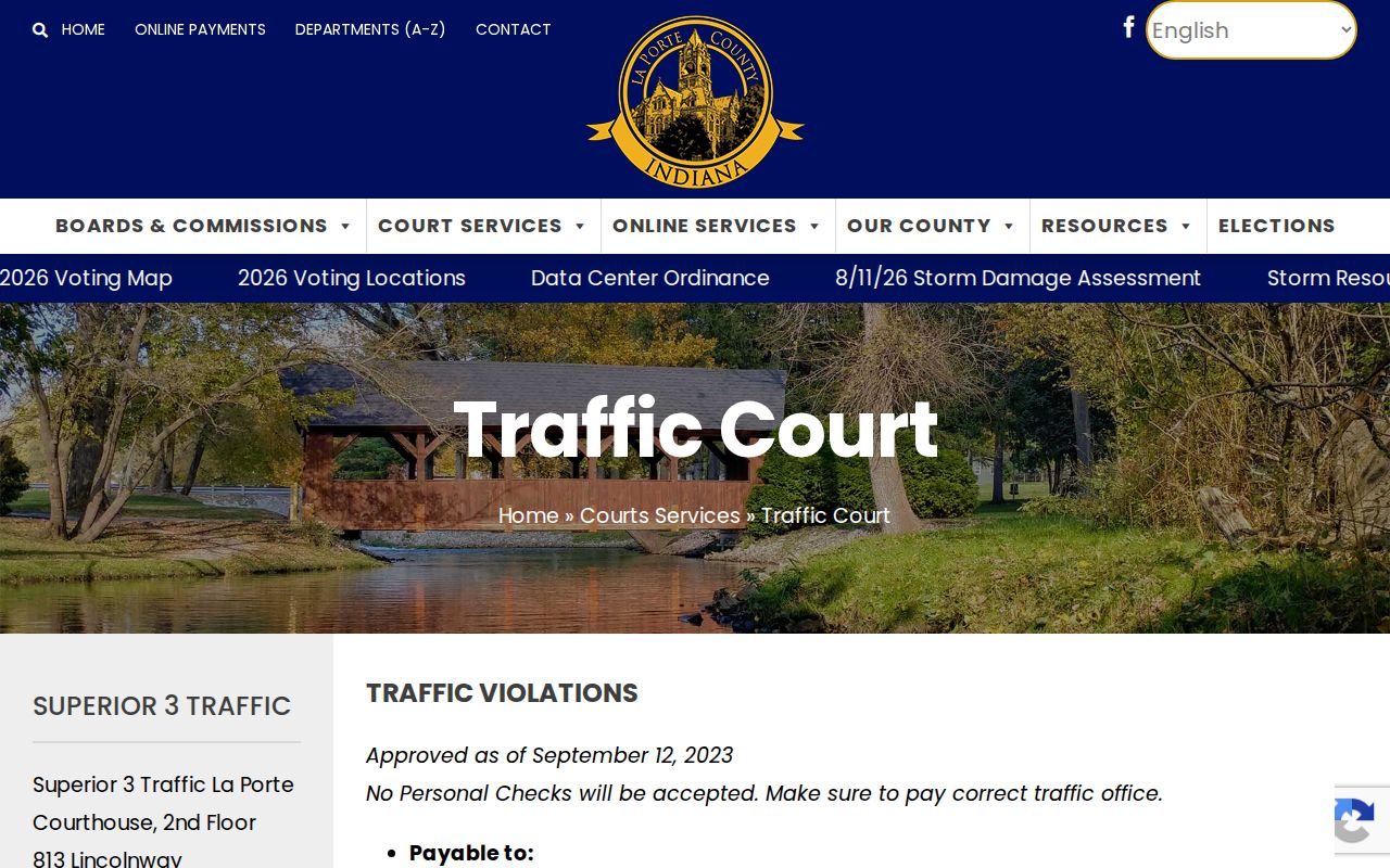 Official LaPorte County Traffic Court page with payment and appearance instructions